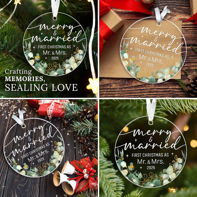 HEXMOZ First Christmas Married Ornament 2025 - Wedding Gifts for Couples 2025 - Just Married, Mr and Mrs Gifts for Newlyweds - Bridal Shower Gift for Bride - Acrylic Wedding Ornament - Image 4
